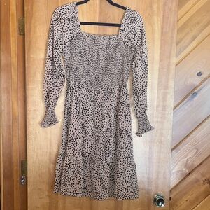 Ava James Mini Dress w/ square neck, elastic bust + cuffs in leopard heart print